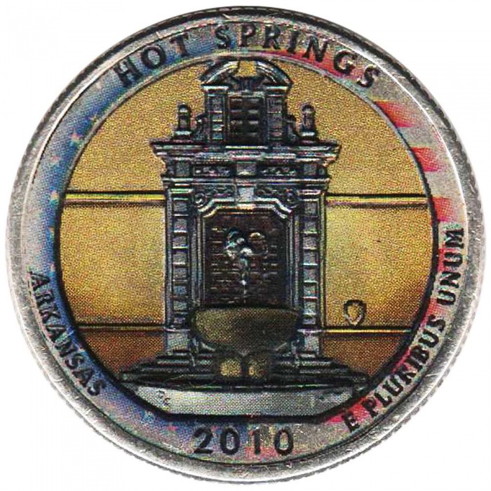 (001p) Монета США 2010 год 25 центов &quot;Хот-Спрингс&quot;  Вариант №2 Медь-Никель  COLOR. Цветная