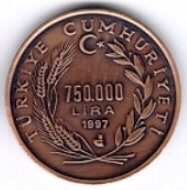 () Монета Турция 1997 год 750000  ""   Алюминиево-Никелево-Бронзовый сплав (Al-Ni-Br)  AU