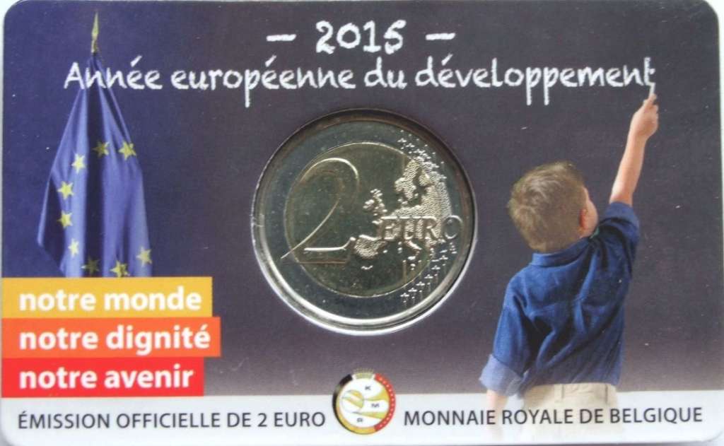 (014) Монета Бельгия 2015 год 2 евро &quot;Европейский год развития&quot;  Биметалл  Coincard