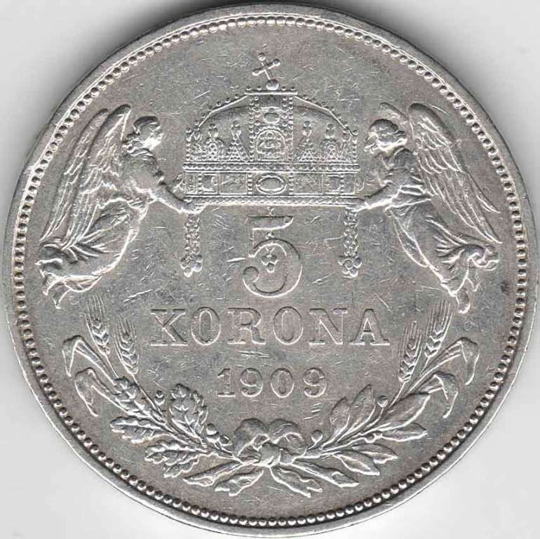 Монета Австро-Венгрия 5 крон 1909 год &quot;Франц Иосиф I - Император Австро-Венгрии&quot; Ангелы с короной XF