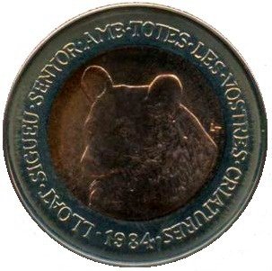 (1984) Монета Андорра 1984 год 2 динера &quot;Бурый медведь&quot;  Биметалл Биметалл  UNC