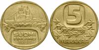 1988 Монета Финляндия 1988 год 5 марок Ледокол Урхо Латунь  XF