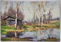 Картина Тулаев В. Н. 1984 г. Весна в деревне Пейзаж масло картон 35х25 см