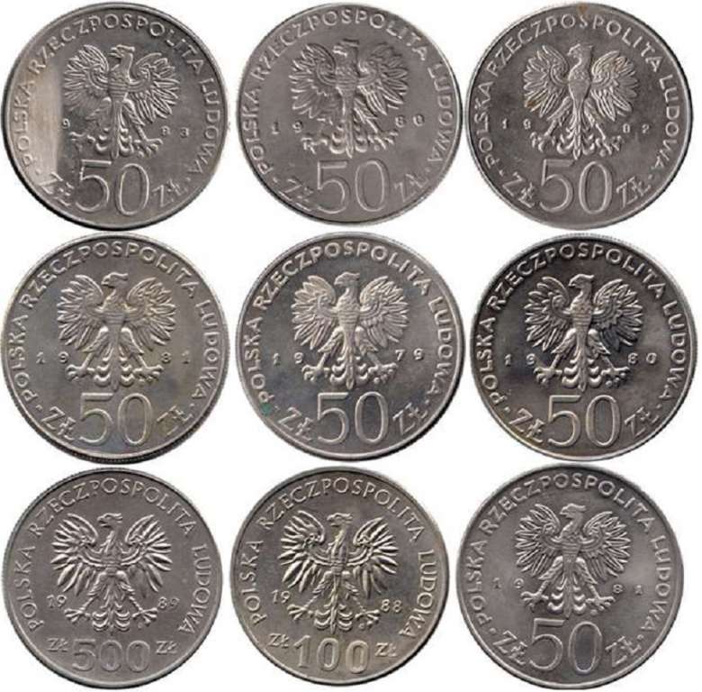 (1979-89, 9 монет по 50-500 злотых) Набор монет Польша 1979-1989 год &quot;Короли Польши&quot;   UNC