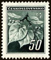 (1945-020) Марка Чехословакия "Липовая ветка (Темно-зеленая)"    Липовая ветка. Пражское издание (Ст