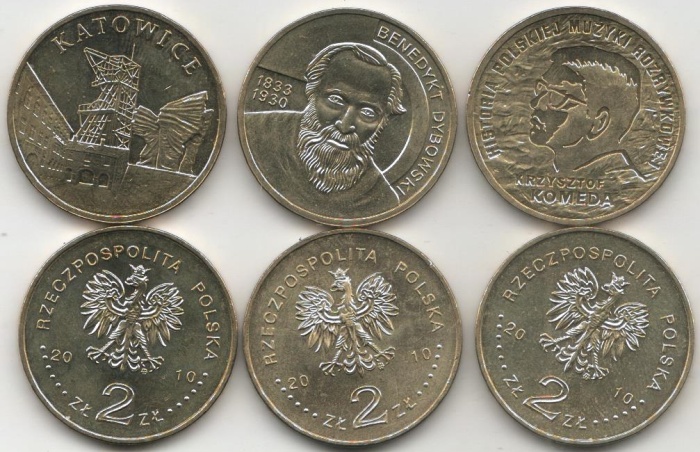 200 205 206 3 монеты по 2 злотых Набор монет Польша 2010 год   UNC