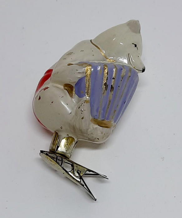 Ёлочная игрушка на прищепке &quot;Белый мишка&quot;, стекло, СССР (сост. на фото)