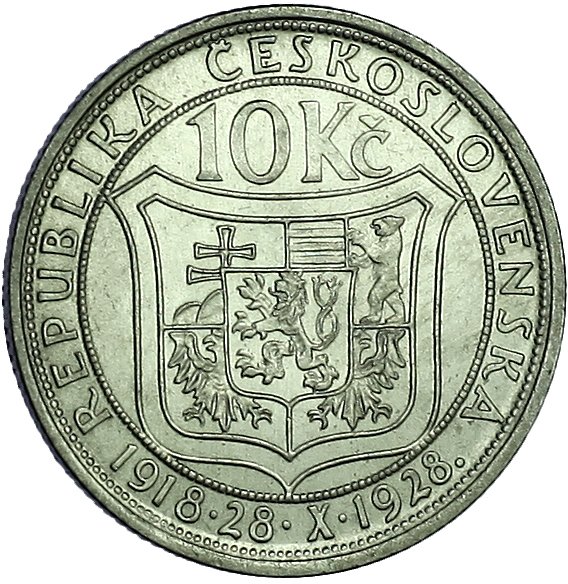 (1928) Монета Чехословакия 1928 год 10 крон &quot;Томаш Масарик. 10 лет Чехословакии&quot;  Серебро Ag 700  UN