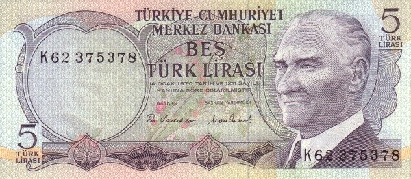 (,) Банкнота Турция 1970 год 5 лир &quot;Мустафа Кемаль Ататюрк&quot;   UNC