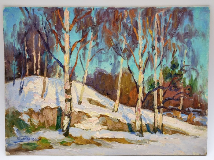 Картина Тулаев В. Н. 1990 г. Зимняя лазурь Пейзаж масло картон 26х19 см