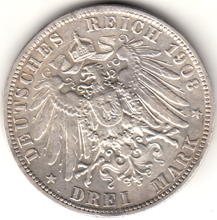 (1908 A) Монета Германия 1908 год 3 марки &quot;Вильгельм II&quot;  Серебро Ag 900  XF