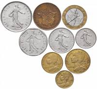 (1959-2001 9 монет 1/2 1 2 5 франков 5 10 20 сантимов) Набор монет Франция 1959-2001 год    VF