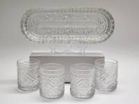 Селедочница и 4 стакана стекло с рельефным узором СССР