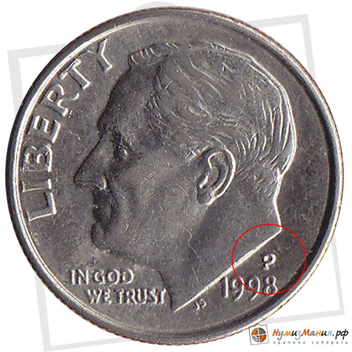 (1998p) Монета США 1998 год 10 центов  2. Медно-никелевый сплав Франклин Делано Рузвельт Медь-Никель