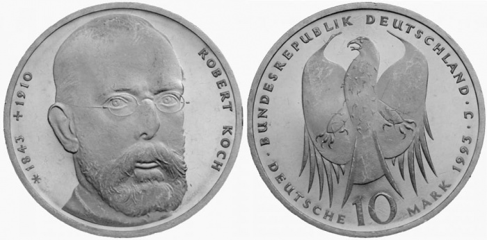 (1993j) Монета Германия (ФРГ) 1993 год 10 марок &quot;Роберт Кох&quot;  Серебро Ag 625  PROOF