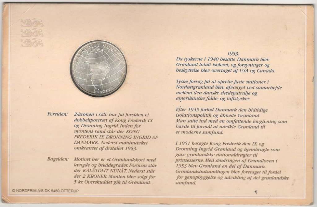 (1937) Монета Дания 1953 год 2 кроны &quot;Объявление Гренландии частью Дании&quot;  Серебро Ag 800  Буклет
