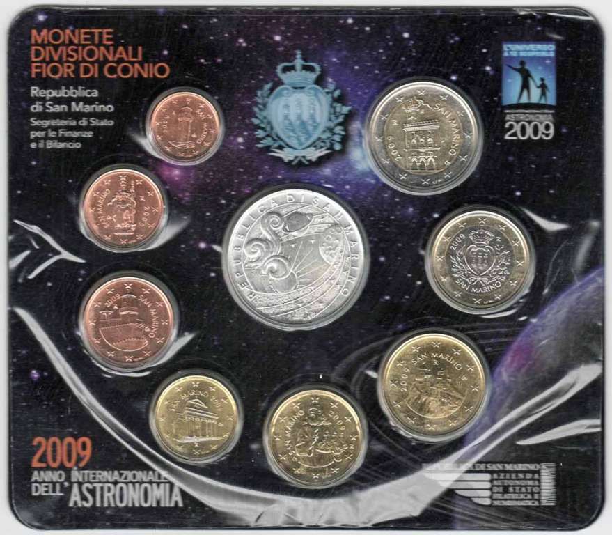 (2009, 9 монет) Набор монет Сан-Марино 2009 год &quot;Год астрономии&quot;  Буклет