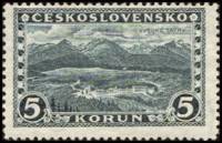 (1927-005) Марка Чехословакия "Высокие Татры (Оливково-зеленая)" Водяной знак: Листья липы горизонта