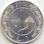 (2001) Монета Италия 2001 год 1 лира &quot;Лира 1951 года&quot;  Серебро Ag 835  UNC