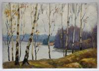Картина Тулаев В. Н. 1986 г. Осенние березы у озера Пейзаж масло картон 35х25 см