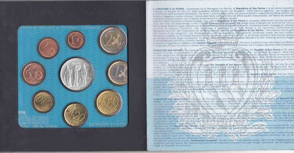 (2003, 9 монет) Набор монет Сан-Марино 2003 год &quot;Три грации&quot;  Буклет незначительно поверждён