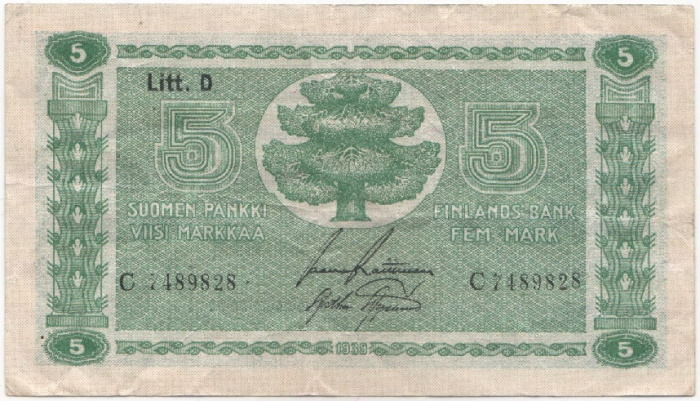 (1939 Litt D) Банкнота Финляндия 1939 год 5 марок  Raittinen - Aspelund  VF