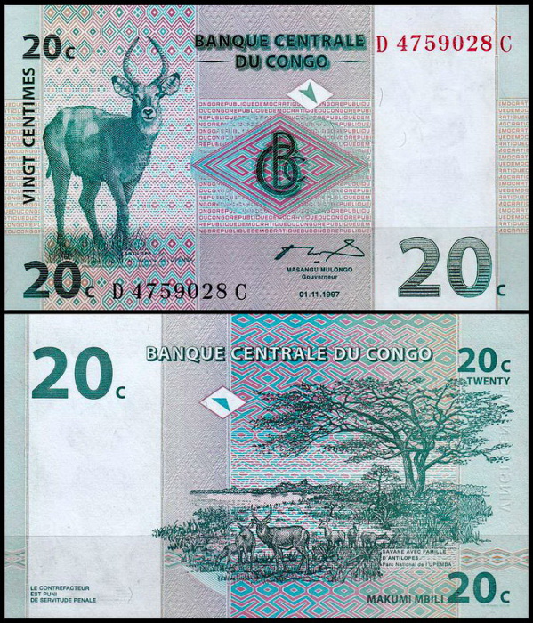 (1997) Банкнота Дем Республика Конго 1997 год 20 сантимов &quot;Антилопа&quot;   UNC