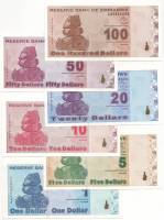 2009 6 штук 1 5 10 20 50 100 долларов Набор банкнот Зимбабве 2009 год Балансирующие скалы    UNC