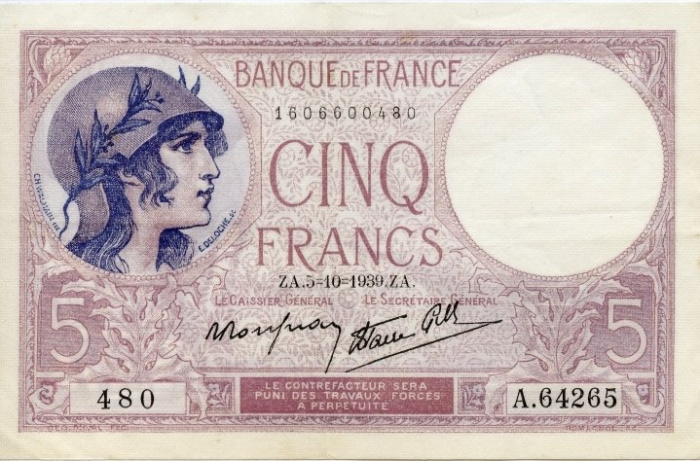 (№1939P-83a.8) Банкнота Франция 1939 год &quot;5 Francs&quot; (Подписи: Le Caissier Général  Le Secrétaire Gén
