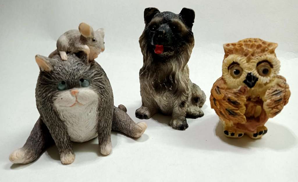 Набор фигурок из полистоуна 3 шт Сова Собака Кот с мышкой (сост. на фото)
