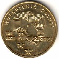 079 Монета Польша 2004 год 2 злотых Вступление в Евросоюз  Латунь  UNC