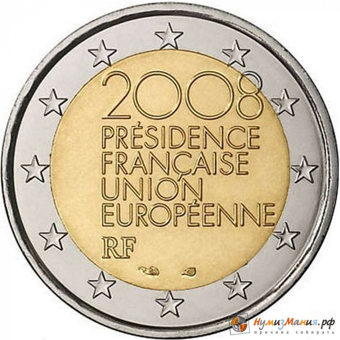 (002) Монета Франция 2008 год 2 евро &quot;Председательство в Совете ЕС&quot;  Биметалл  VF
