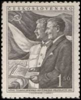 (1951-054) Марка Чехословакия "К. Готвальд и И. Сталин (Черно-серая)"    Месяц Чехословацко-Советско