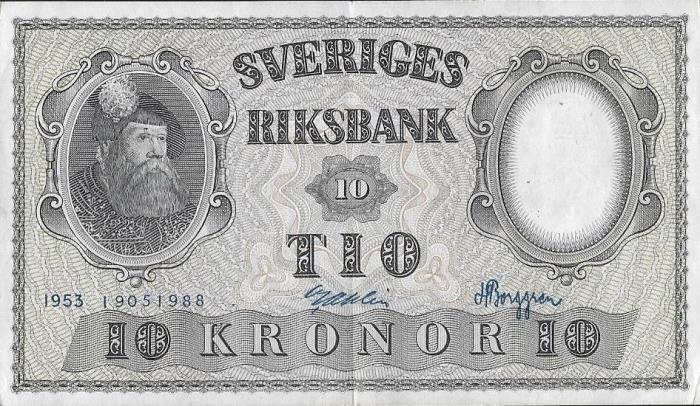 (,) Банкнота Швеция 1953 год 10 крон &quot;Густав I Васа&quot;   UNC