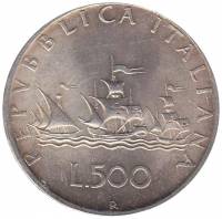 (1958) Монета Италия 1958 год 500 лир "Каравеллы"  Серебро Ag 835  XF