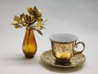 Чайная пара и вазочка с металлической розой Подарок женщине Золотое чаепитие Себе любимой