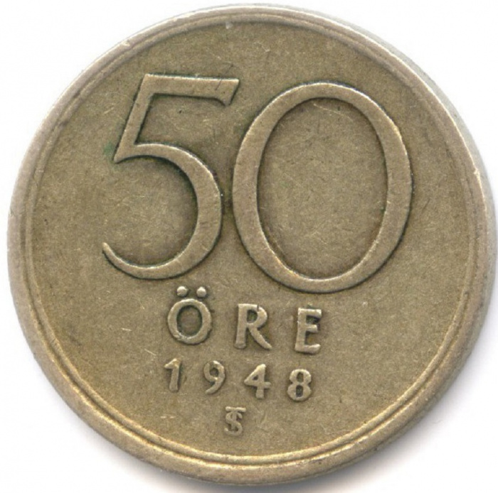 (1948) Монета Швеция 1948 год 50 эре   Серебро Ag 600  VF