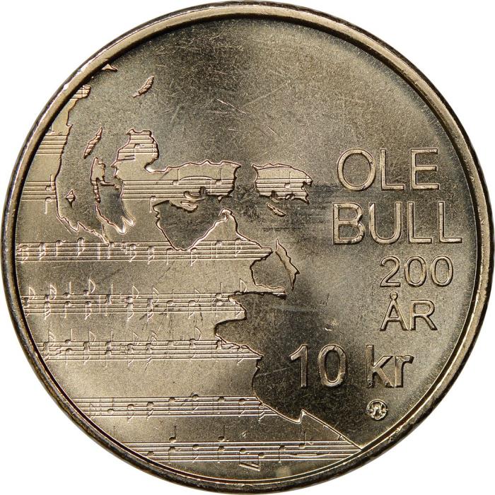 (2010) Монета Норвегия 2010 год 10 крон &quot;Уле Булль. 200 лет со дня рождения&quot;  Нейзильбер  UNC