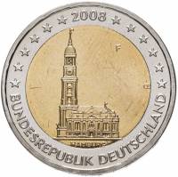 (004) Монета Германия (ФРГ) 2008 год 2 евро "Гамбург" Двор F Биметалл  UNC