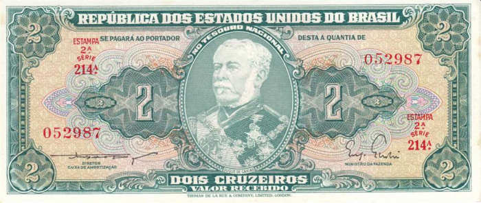 (1956-1958) Банкнота Бразилия 1956-1958 год 2 крузейро &quot;Дуки ди Кашиас&quot;   UNC