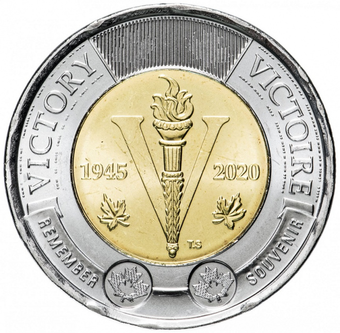 (2020) Монета Канада 2020 год 2 доллара &quot;2-я Мировая Война 75 лет окончания&quot;  Биметалл  UNC