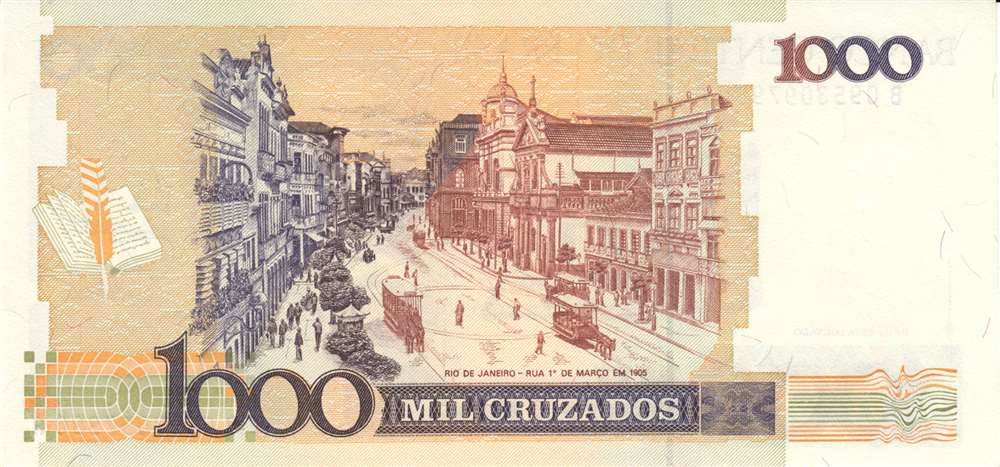 (1989) Банкнота Бразилия 1989 год 1 новый крузадо &quot;Надп на 1000 крузадо 1987-88&quot;   UNC