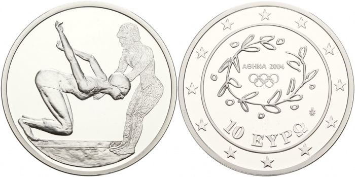 (2003) Монета Греция 2003 год 10 евро &quot;XXVIII Летняя Олимпиада Афины 2004 Плаванье&quot;  Серебро Ag 925 