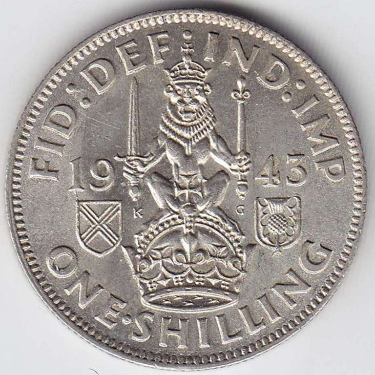 (1943) Монета Великобритания 1943 год 1 шиллинг &quot;Георг VI&quot;  Шотландский герб Серебро Ag 500  XF
