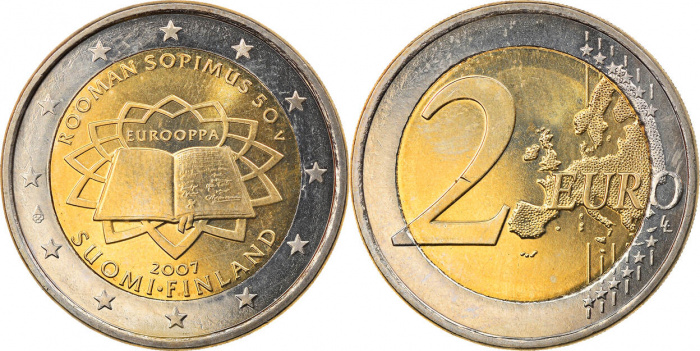 (004) Монета Финляндия 2007 год 2 евро &quot;Римский договор 50 лет&quot;  Биметалл  UNC