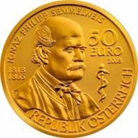 (007) Монета Австрия 2008 год 50 евро "Игнац Филипп Земмельвайс" 1. Памятные Золото Au 986  PROOF