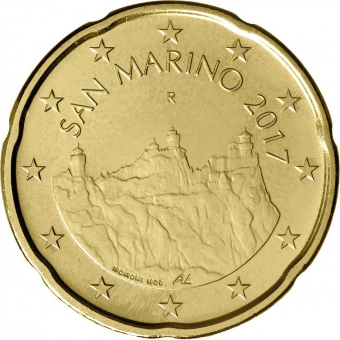 (№2017) Монета Сан-Марино 2017 год 20 Euro Cent (Три башни)