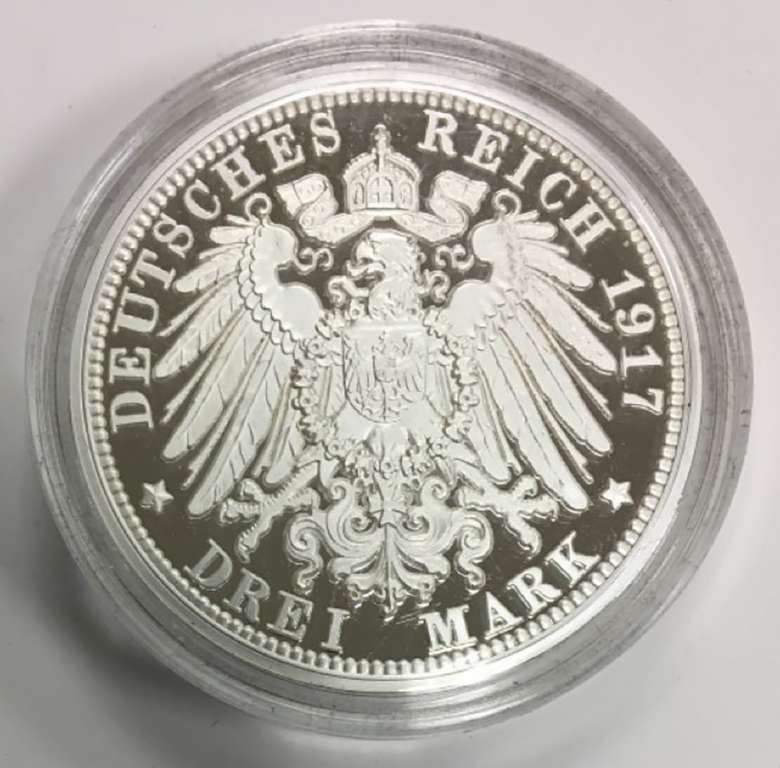 Реплика Монета Дания 1917 год 3 марки Три марки 1917 г.  Серебрение  PROOF