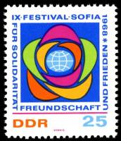 (1968-046) Марка Германия (ГДР) "Эмблема"  синяя  Софийский фестиваль III Θ