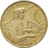 026 Монета Польша 1999 год 2 злотых Фредерик Шопен  Латунь  UNC